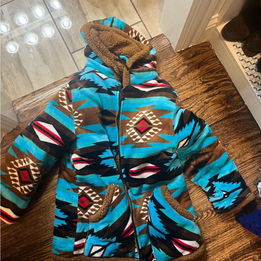 aztec print sherpa hooded zip up
